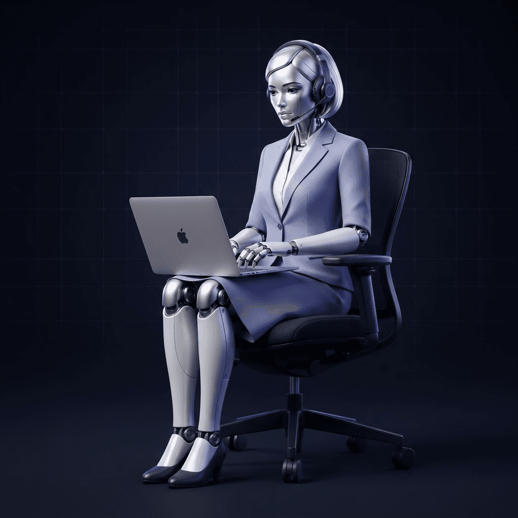 Female humanoid digital agent seated with a headset and laptop