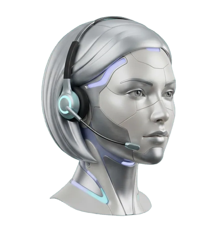Lifelike female AI android wearing a telephone headset